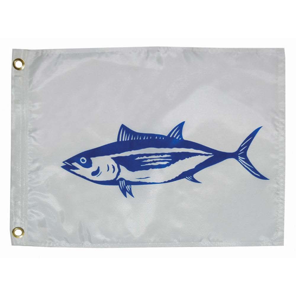 Taylor Made 12x18 inch white tuna flag with blue fish graphic and brass grommets