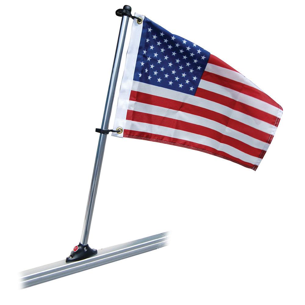 Taylor Made pontoon flag pole mount with 16x24 US flag attached on railing
