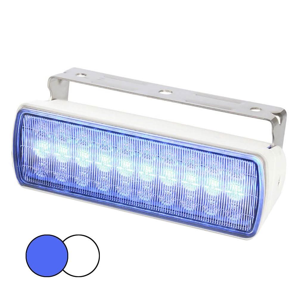 Hella Marine Sea Hawk XL dual color blue and white LED floodlight with white housing and stainless steel bracket