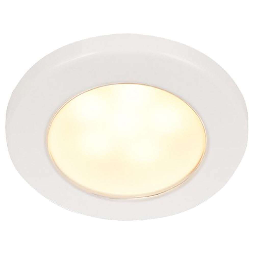 Hella Marine EuroLED 75 round screw mount down light with warm white LED and white plastic rim.