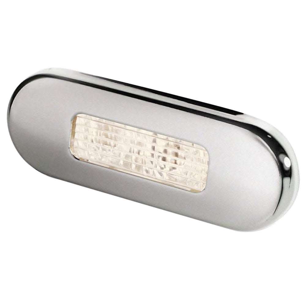 Hella Marine Surface Mount oblong LED courtesy lamp with warm white light and stainless steel bezel
