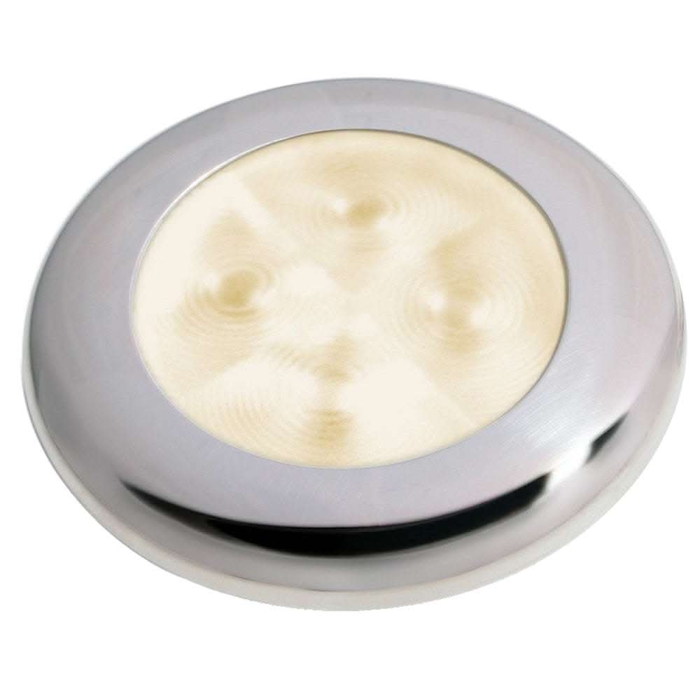Hella Marine Slim Line LED round courtesy lamp with warm white light and stainless steel bezel