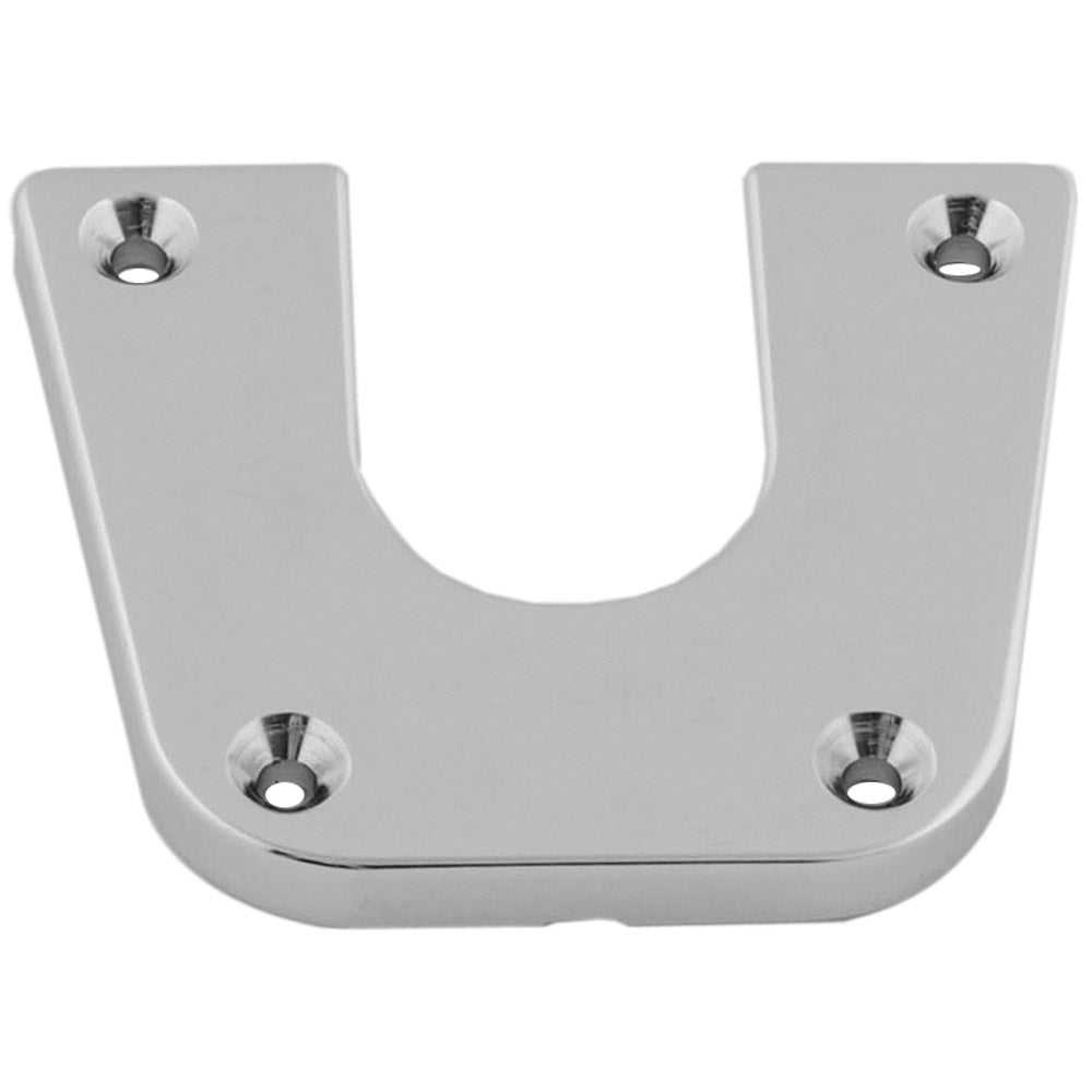 Polished stainless steel mounting bracket for side mount table pedestal with four screw holes and curved cutout design