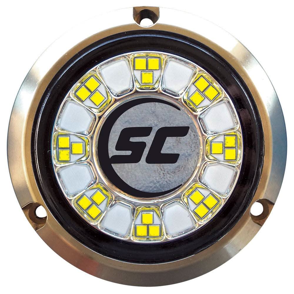 Shadow-Caster SCR-24 bronze underwater LED light with 24 LEDs and scratch-resistant glass lens.