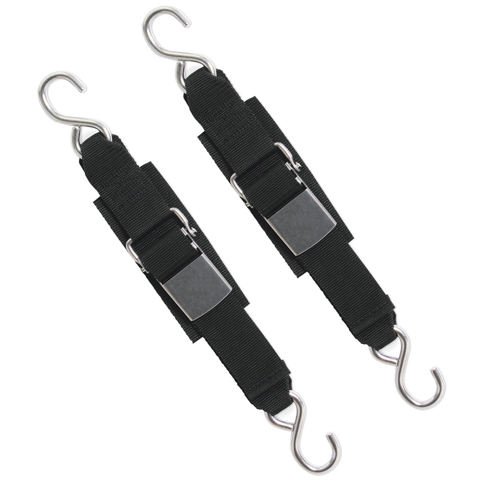 BoatBuckle Stainless Steel Kwik-Lok transom tie-downs with protective web pads and stainless steel hooks