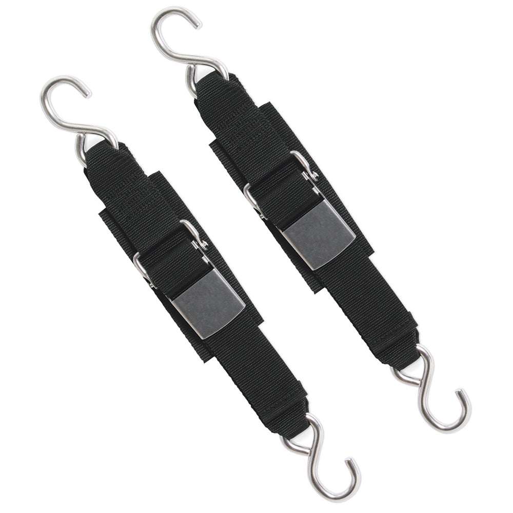 BoatBuckle Stainless Steel Kwik-Lok transom tie-downs with protective web pads and stainless steel hooks