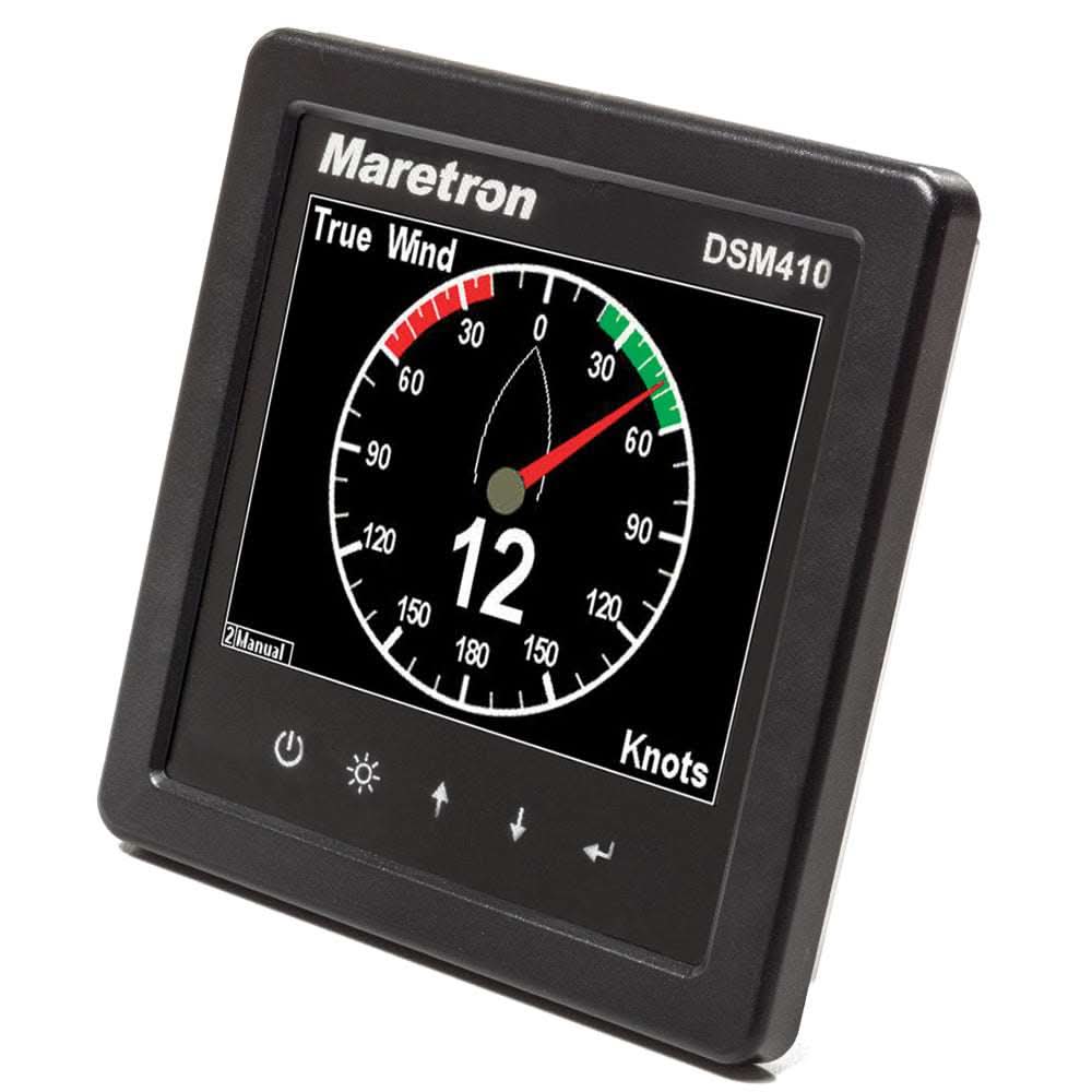 Maretron DSM410 4.1" high bright color marine display showing true wind speed and direction