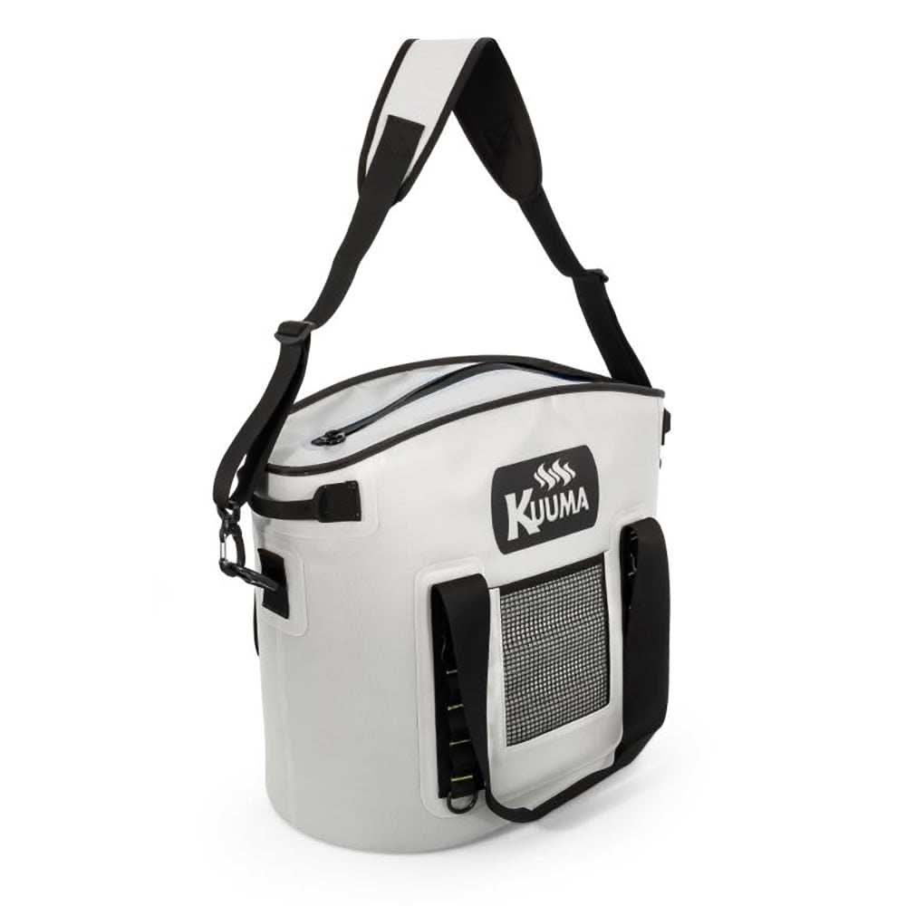 Kuuma 33.3L soft-sided cooler in white with sealing zipper and adjustable shoulder strap, waterproof coated nylon design