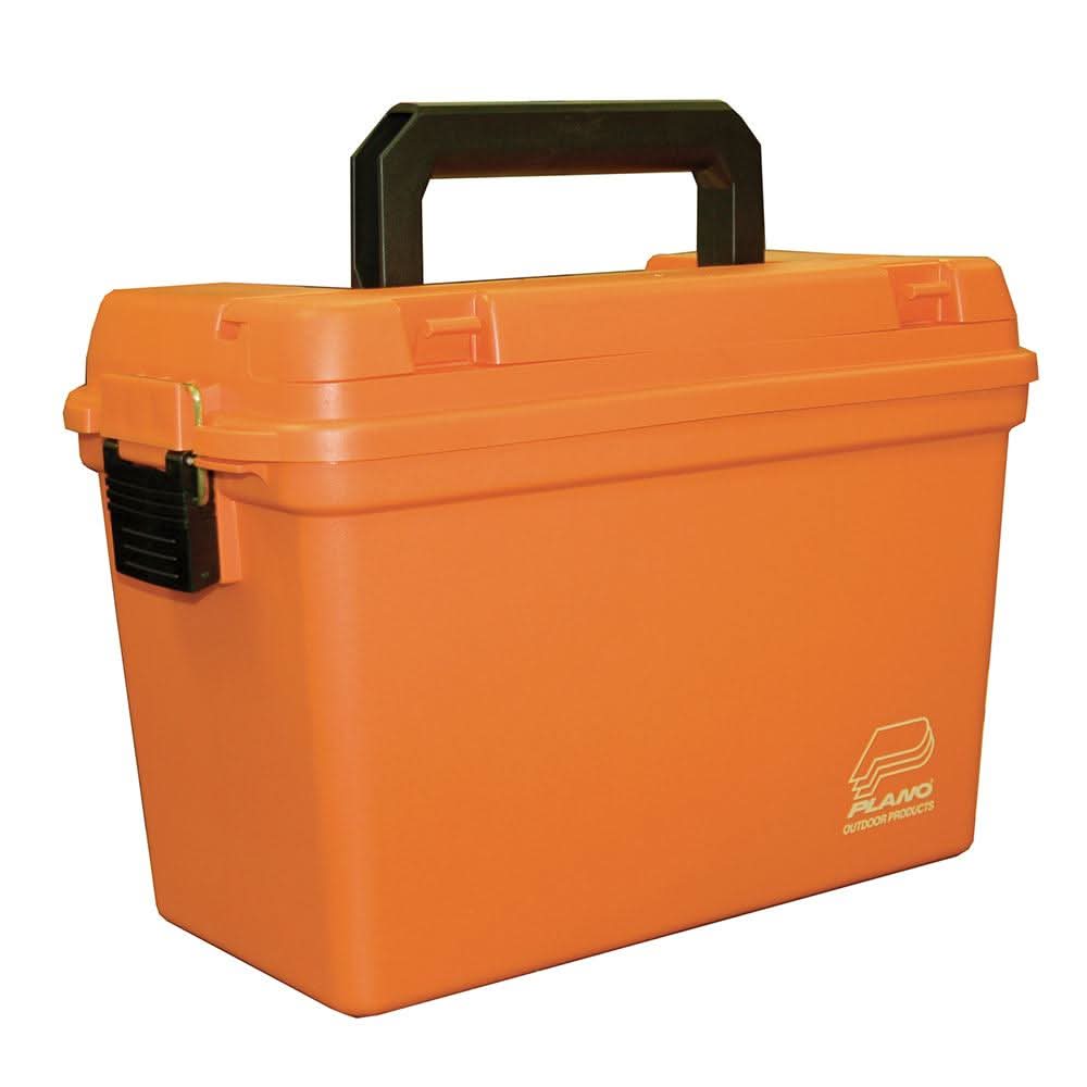 Plano Deep Emergency Dry Storage supply box with tray in orange, water-resistant with O-ring seal and oversized handle