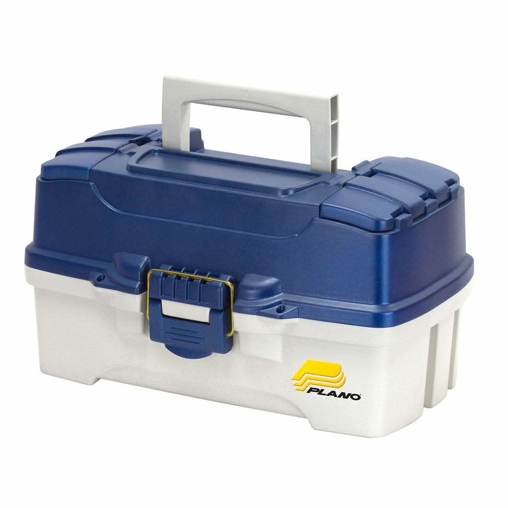 Plano 2-Tray Tackle Box in blue metallic and off white with dual top access and brass bailed latch