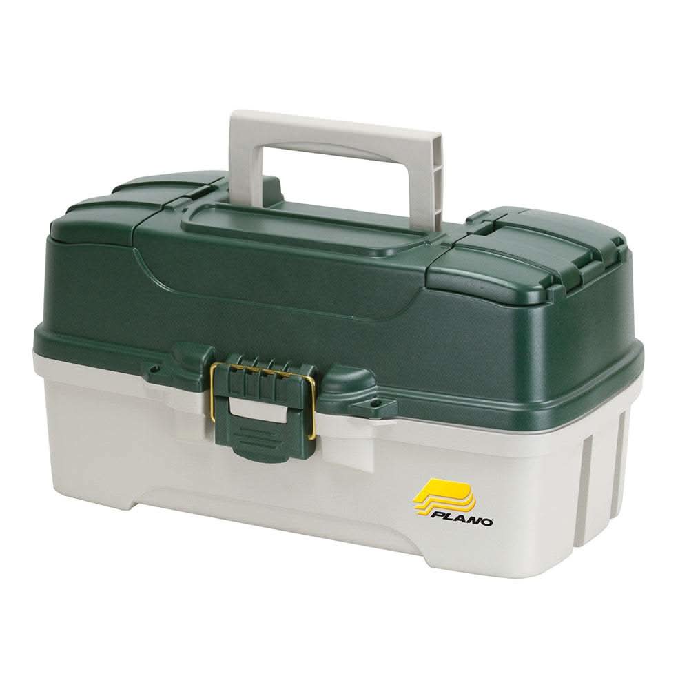 Plano 3-Tray Tackle Box in dark green metallic and off white with dual top access and brass latch