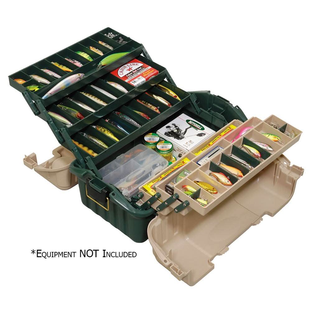 Plano Hip Roof Tackle Box green sandstone with 6 trays and adjustable compartments for fishing gear storage