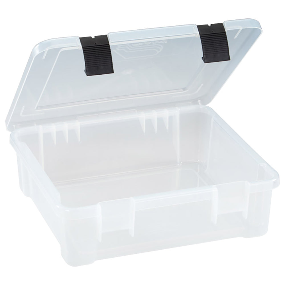 Plano ProLatch XXL StowAway Storage Box open with extra deep large compartment clear plastic