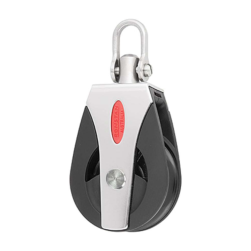 Ronstan Series 60 all purpose single block swivel shackle head non-locking marine pulley block with black sheave and stainless steel swivel shackle