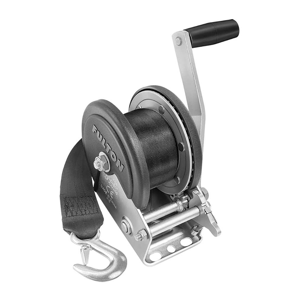 Fulton 1500lb single speed winch with 20-foot strap and hook, metal crank handle, and protective cover