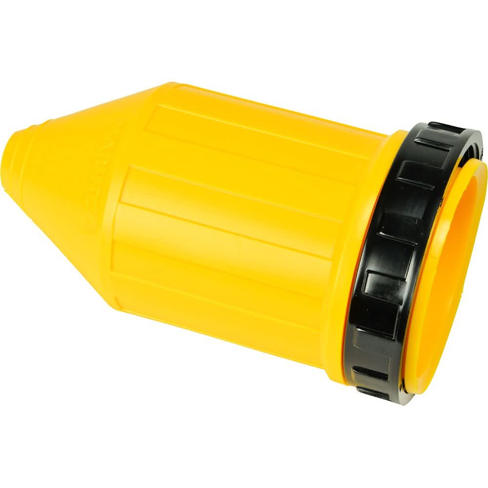 Marinco 50A weatherproof plug cover yellow with black ring protects marine electrical connections