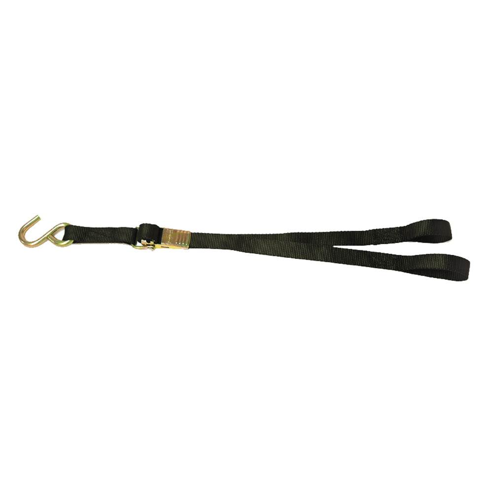 BoatBuckle Kwik-Lok 1-inch by 3-foot black nylon bow tie-down with vinyl-coated S-hook and loop end for secure trailering.