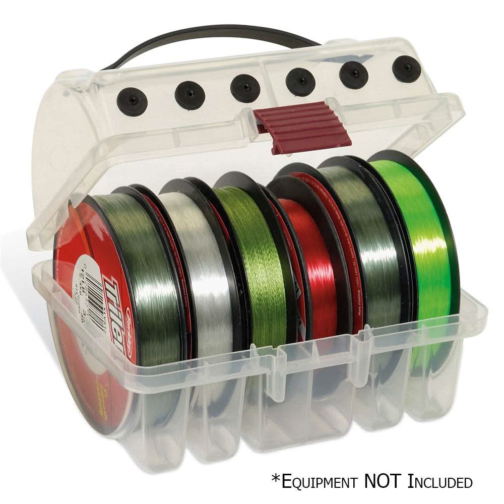 Plano ProLatch Line Spool Box clear storage case holding six fishing line spools with secure latch and handle