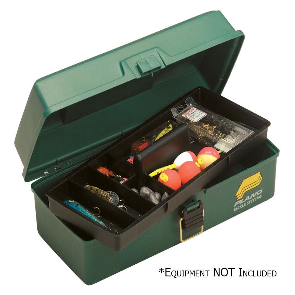 Plano One-Tray Tackle Box green with removable tray and brass latch, 13.25x6.75x5 inches