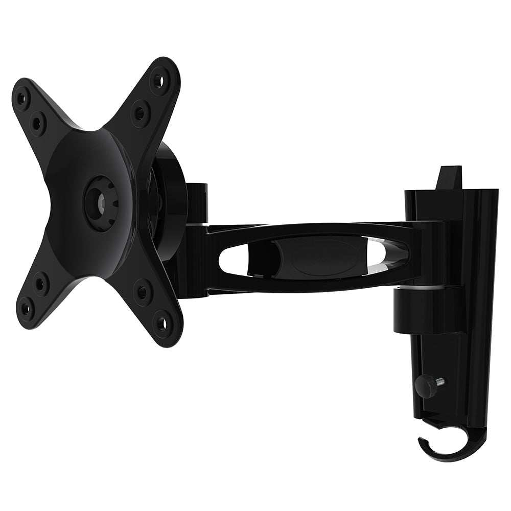 Black Majestic single swing arm bracket with locking pin for 13-27 inch TVs, adjustable angle, and cable management.