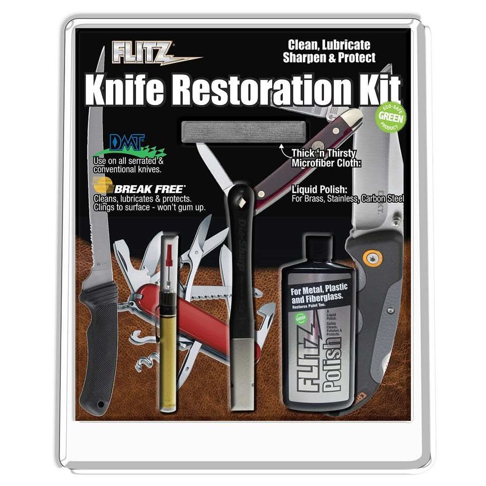 Flitz Knife Restoration Kit with polish, microfiber cloth, diamond sharpener, and lubricating oil for cleaning and sharpening knives