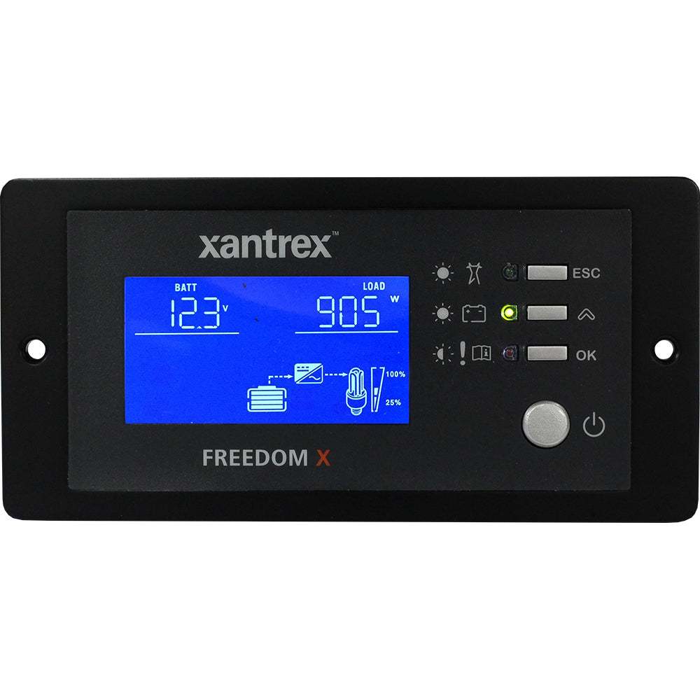 Xantrex Freedom X XC Remote Panel with 25-foot cable and blue digital display showing battery and load information