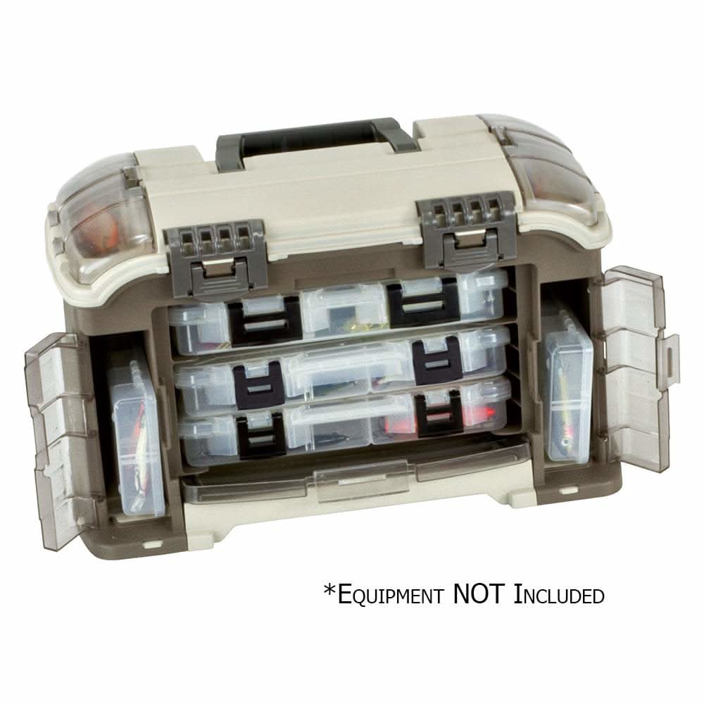 Plano Guide Series Angled Tackle System 3600 with angled utility boxes and expandable rear pocket in sandstone color