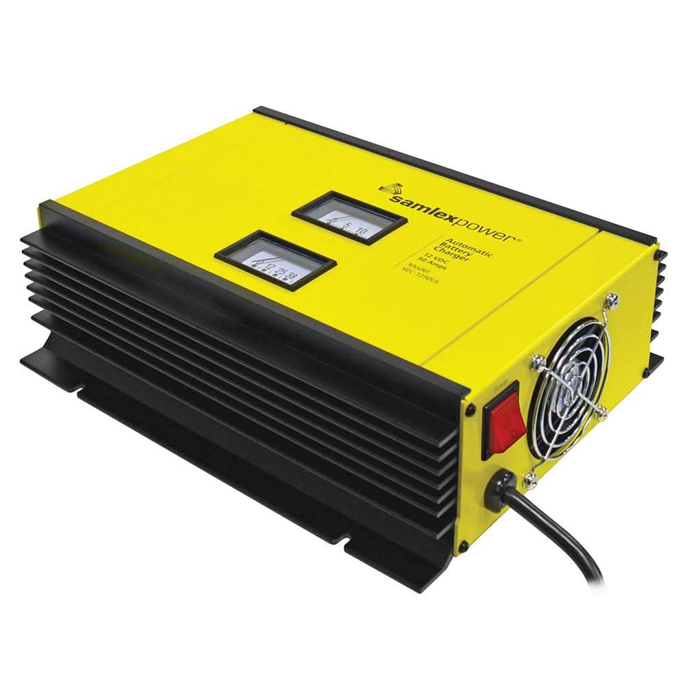 Samlex 50A 12V 2-bank battery charger with 3-stage charging, dip switch, lugs, and temperature sensor.
