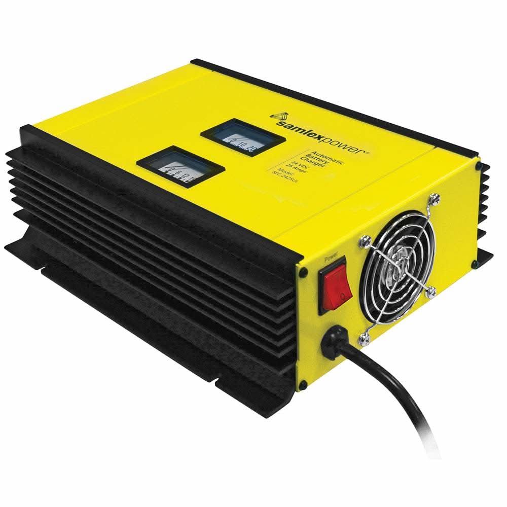 Samlex 25A 24V 2-bank battery charger with 3-stage charging, dip switch, lugs, temperature sensor, yellow and black design