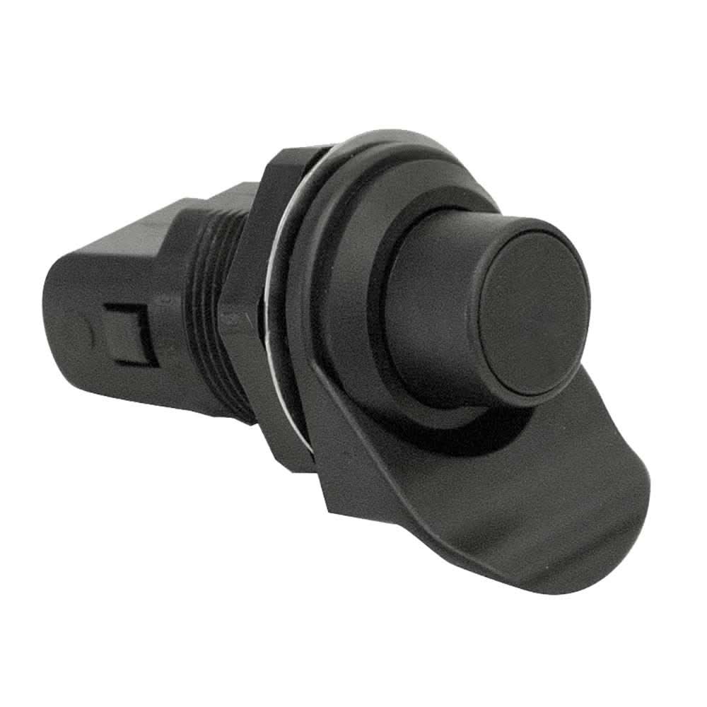 Southco Push Button push-to-close black plastic latch with threaded installation and pull tab design