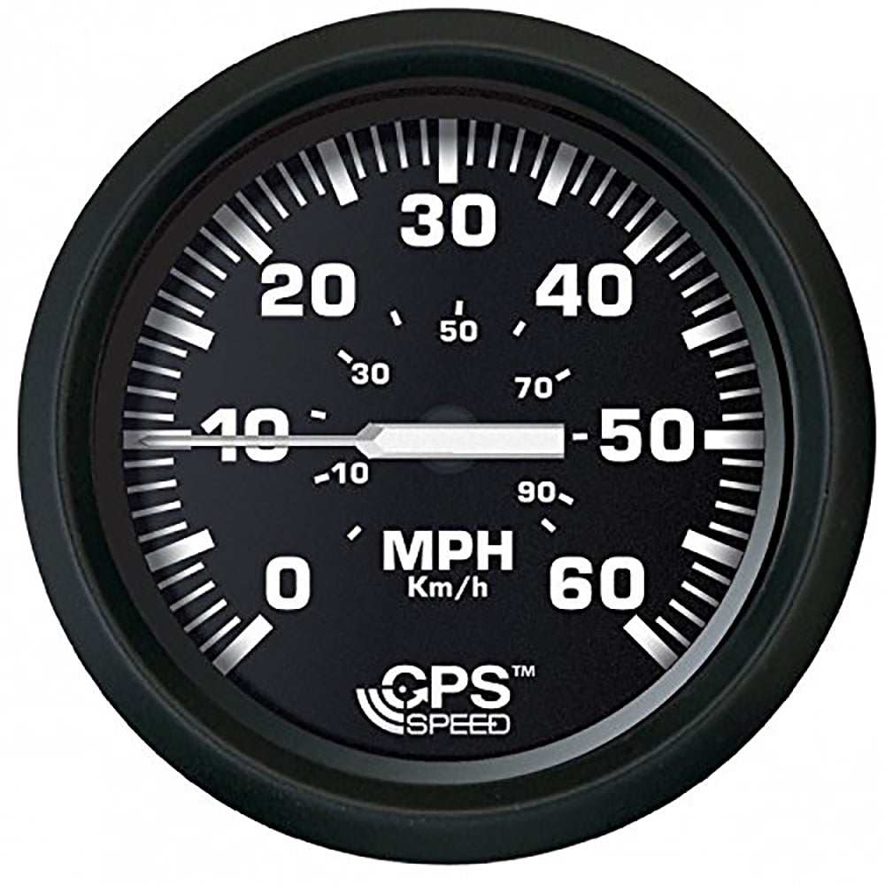 Faria Euro Black 4-inch GPS speedometer with black dial and white markings showing up to 60 MPH