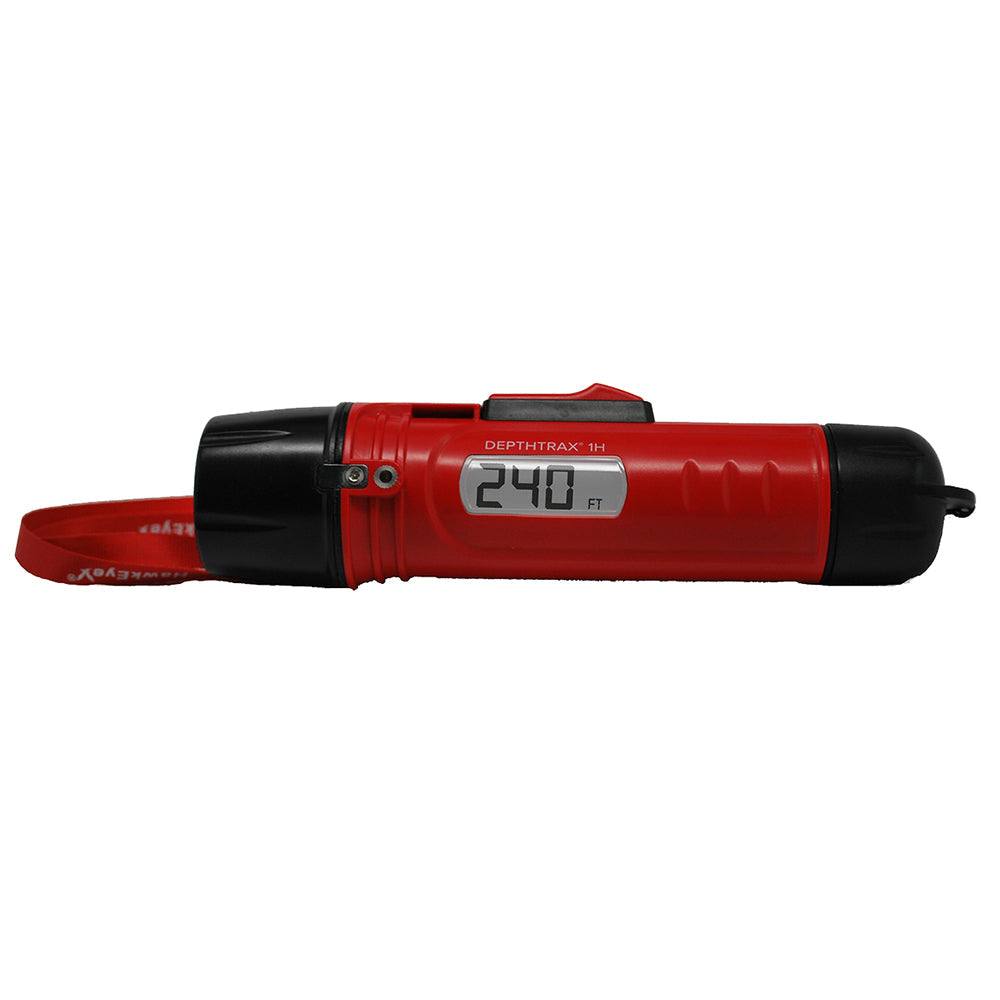 Red handheld depth sounder with digital LCD display showing 240 ft depth reading, waterproof portable sonar device.