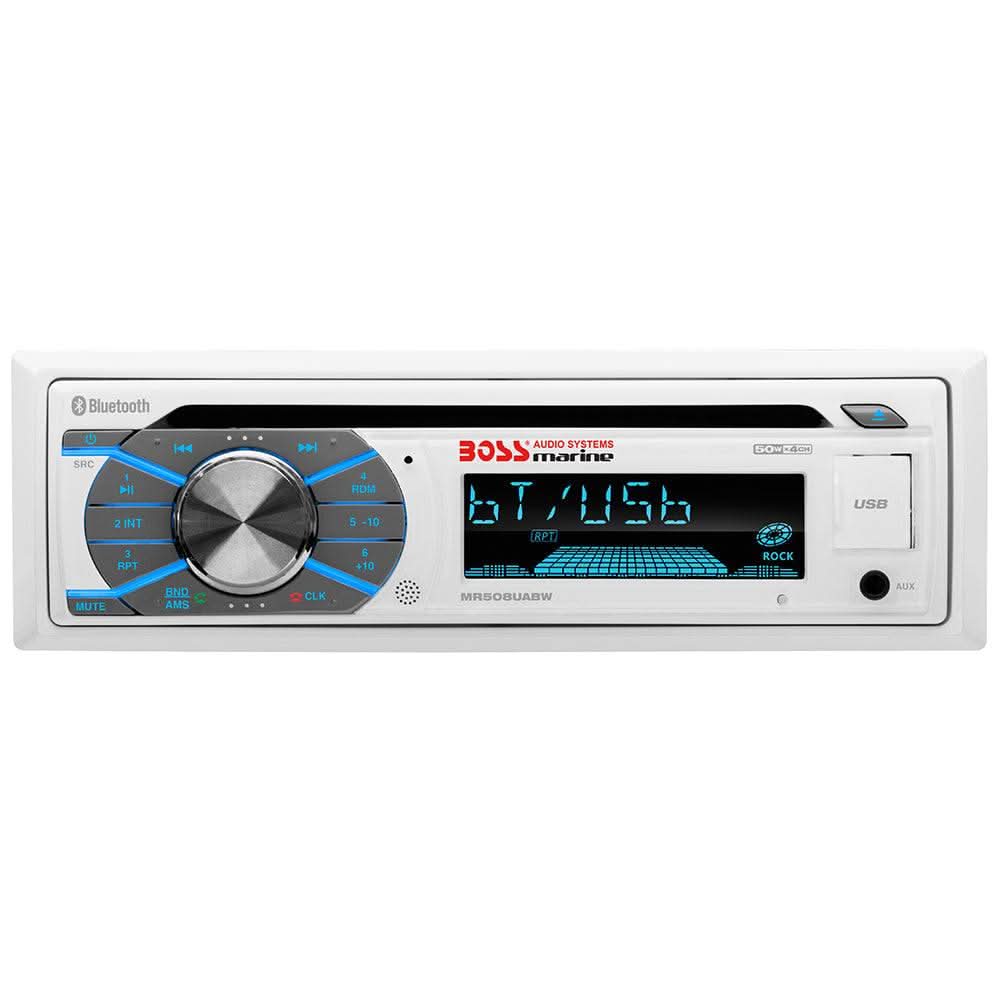 Boss Audio MR508UABW single-DIN Bluetooth car stereo receiver with CD, USB, SD, MP3, and AM/FM functions
