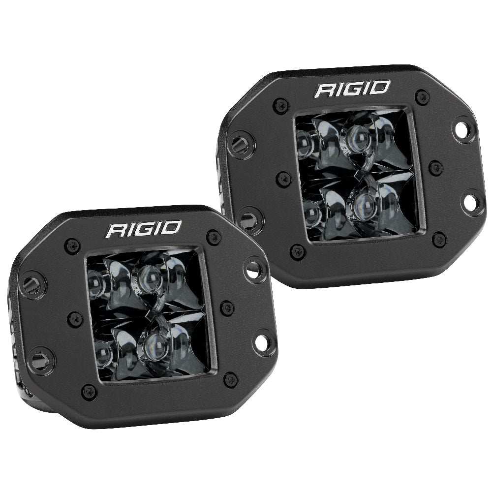 Pair of Rigid Industries D-Series PRO Flush Mount Spot LED lights in black, compact 3x3 inch design with powerful white LEDs and stealthy Midnight Edition finish