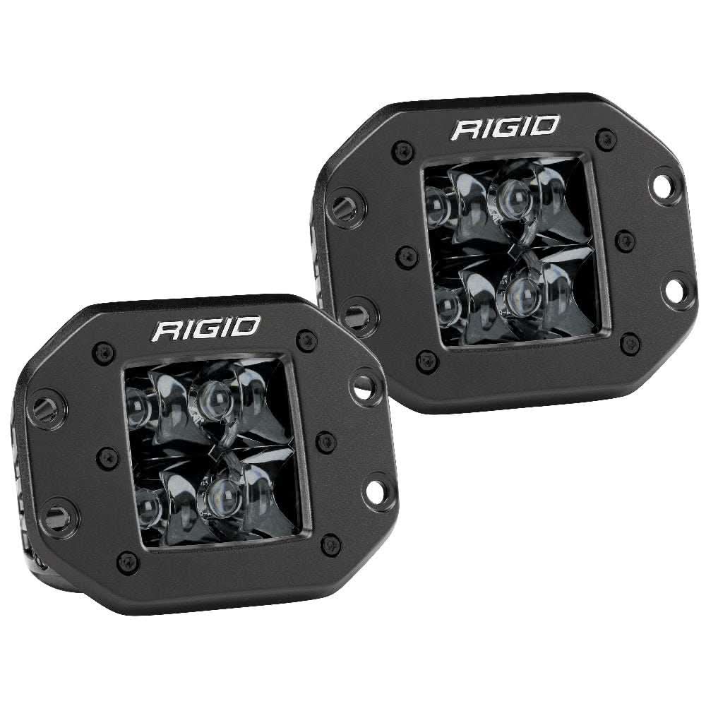 Pair of Rigid Industries D-Series PRO Flush Mount Spot LED lights in black, compact 3x3 inch design with powerful white LEDs and stealthy Midnight Edition finish