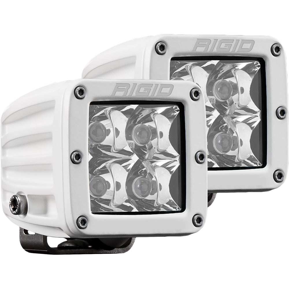 Pair of white Rigid Industries D-Series PRO Hybrid-Spot LED lights with durable housing and high lumen output