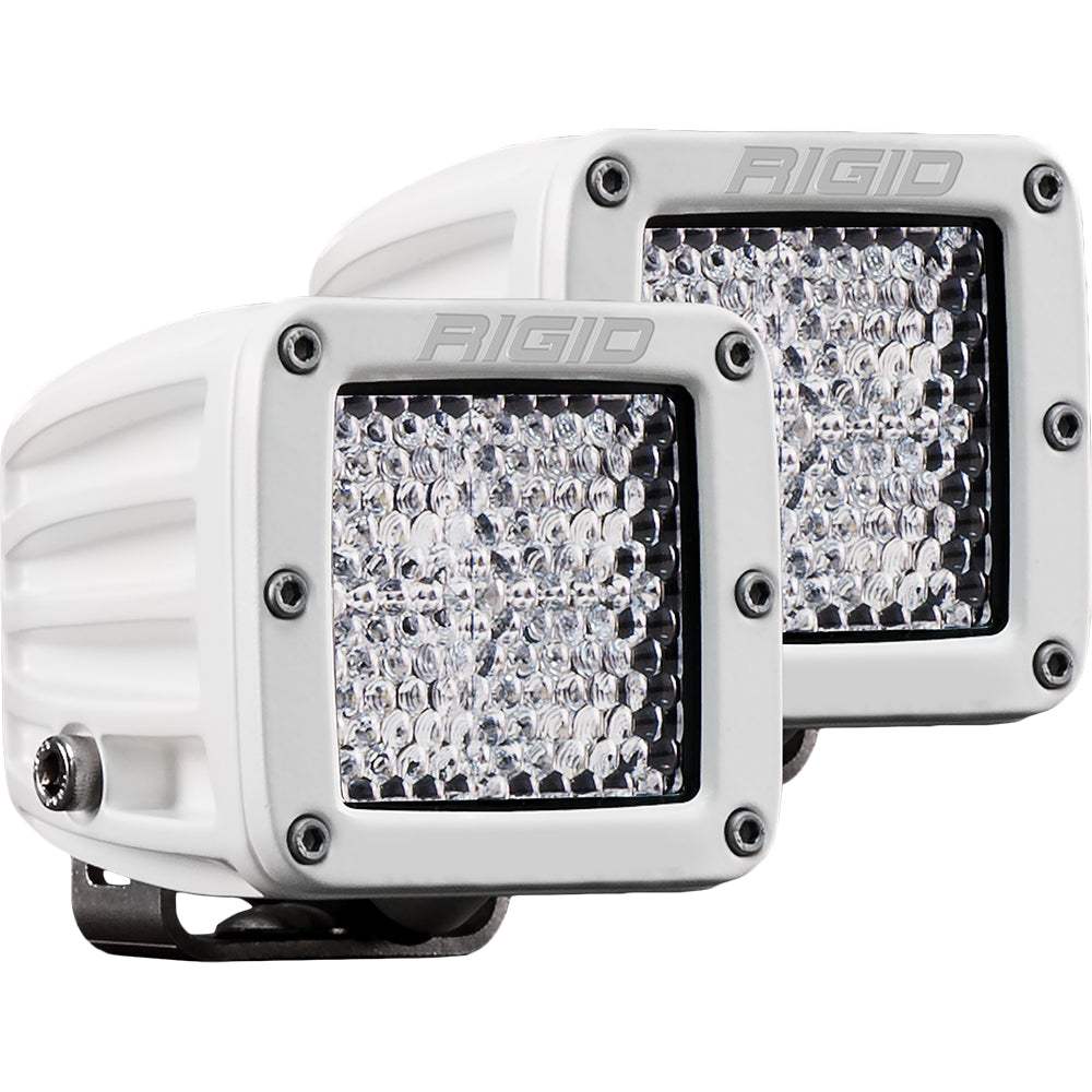 Pair of white Rigid Industries D-Series PRO Hybrid-Diffused LED lights with cast aluminum housing and durable polycarbonate lens.