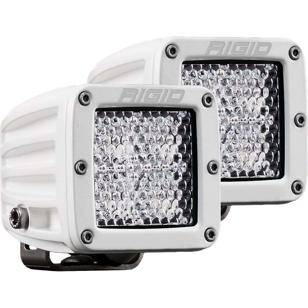 Pair of white Rigid Industries D-Series PRO Hybrid-Diffused LED lights with cast aluminum housing and durable polycarbonate lens.