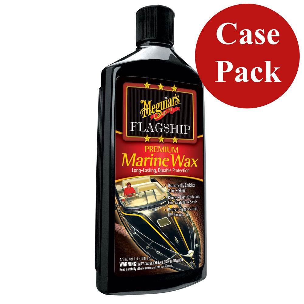 Meguiar's Flagship Premium Marine Wax bottle with case pack label for fiberglass and gel coat protection