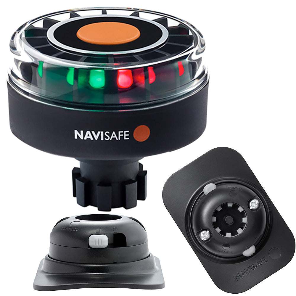 Navisafe Navilight Tricolor 2NM with Navibolt base and RIB mount in black, portable marine navigation light with multiple modes and corrosion resistance