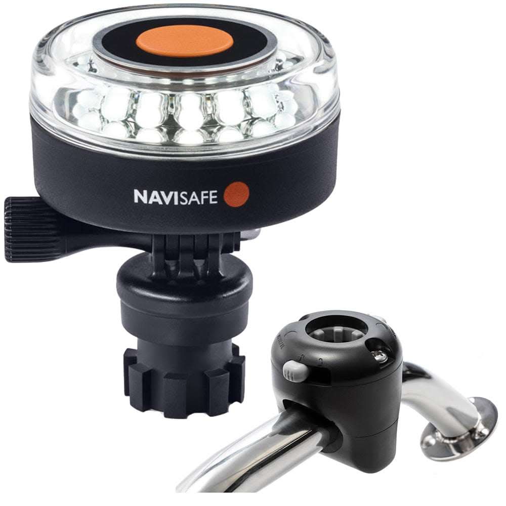 Navisafe Navilight 360-degree white marine navigation light with Navimount base and black rail mount for boat safety