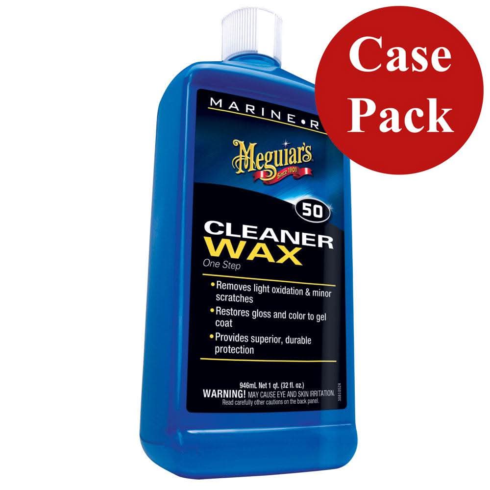 Meguiar's Boat/RV Cleaner Wax 32oz bottle case pack with non-abrasive formula for fiberglass gel coat marine and RV surfaces, removes oxidation and scratches, protects against UV and corrosion.