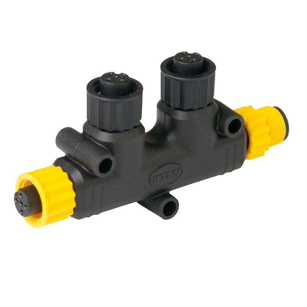 Ancor NMEA 2000 two way tee connector with yellow couplers for marine network installation