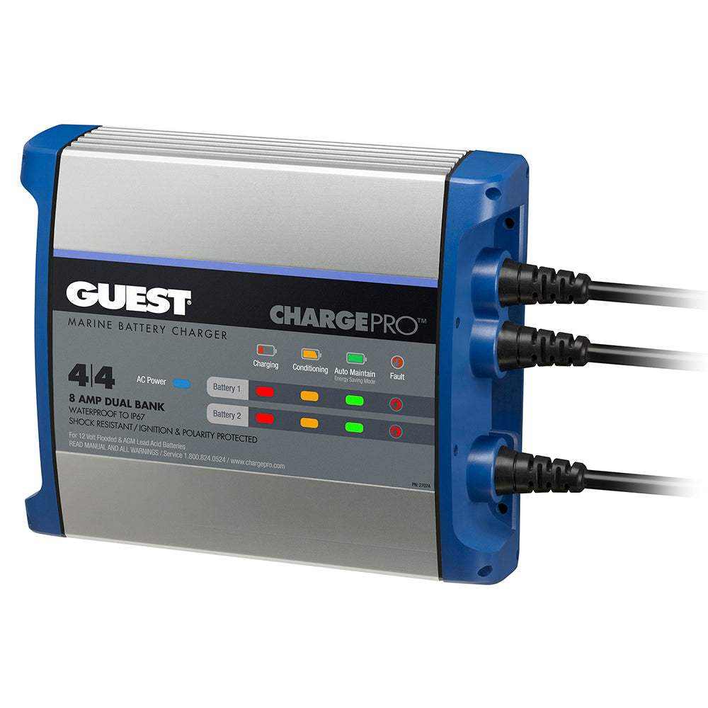 Guest On-Board Battery Charger 8A 12V dual bank waterproof marine charger with LED status indicators and 120V input