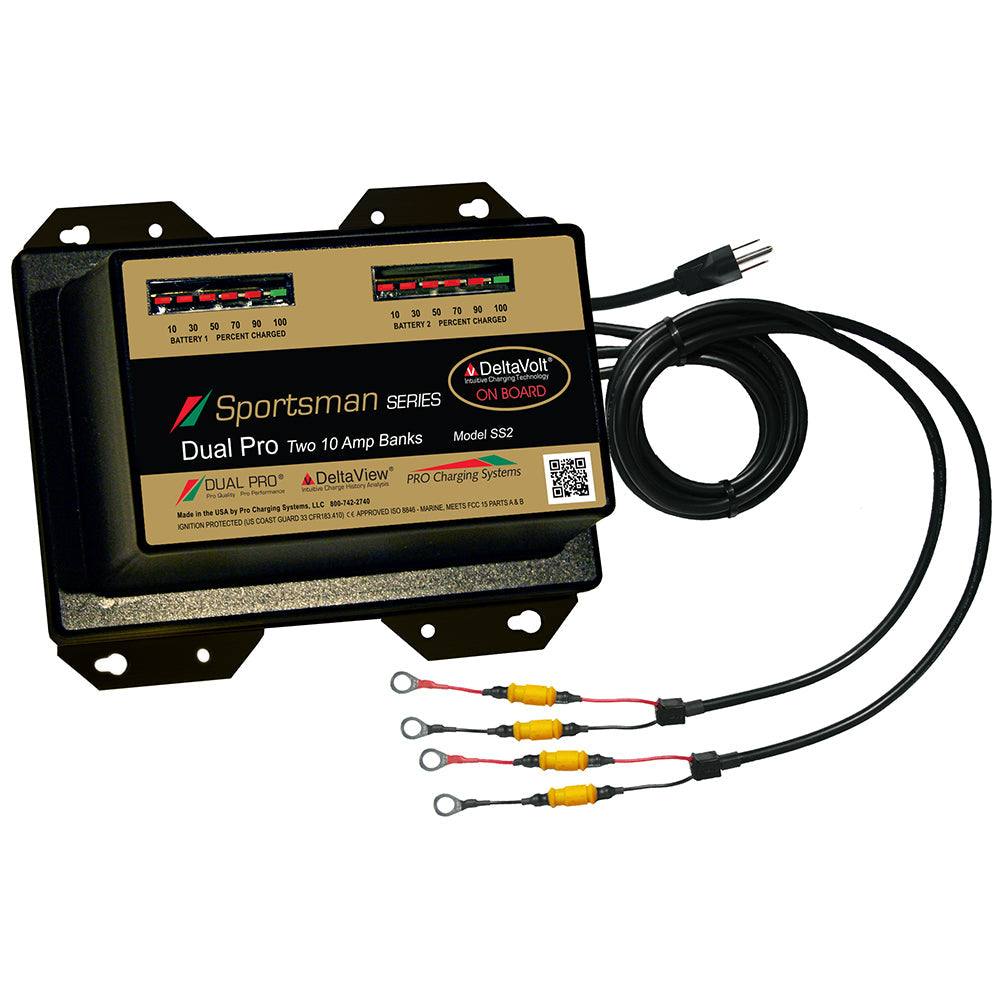 Dual Pro Sportsman Series 20A battery charger with 2 ten-amp banks, waterproof, 12V/24V, for marine and vehicle use