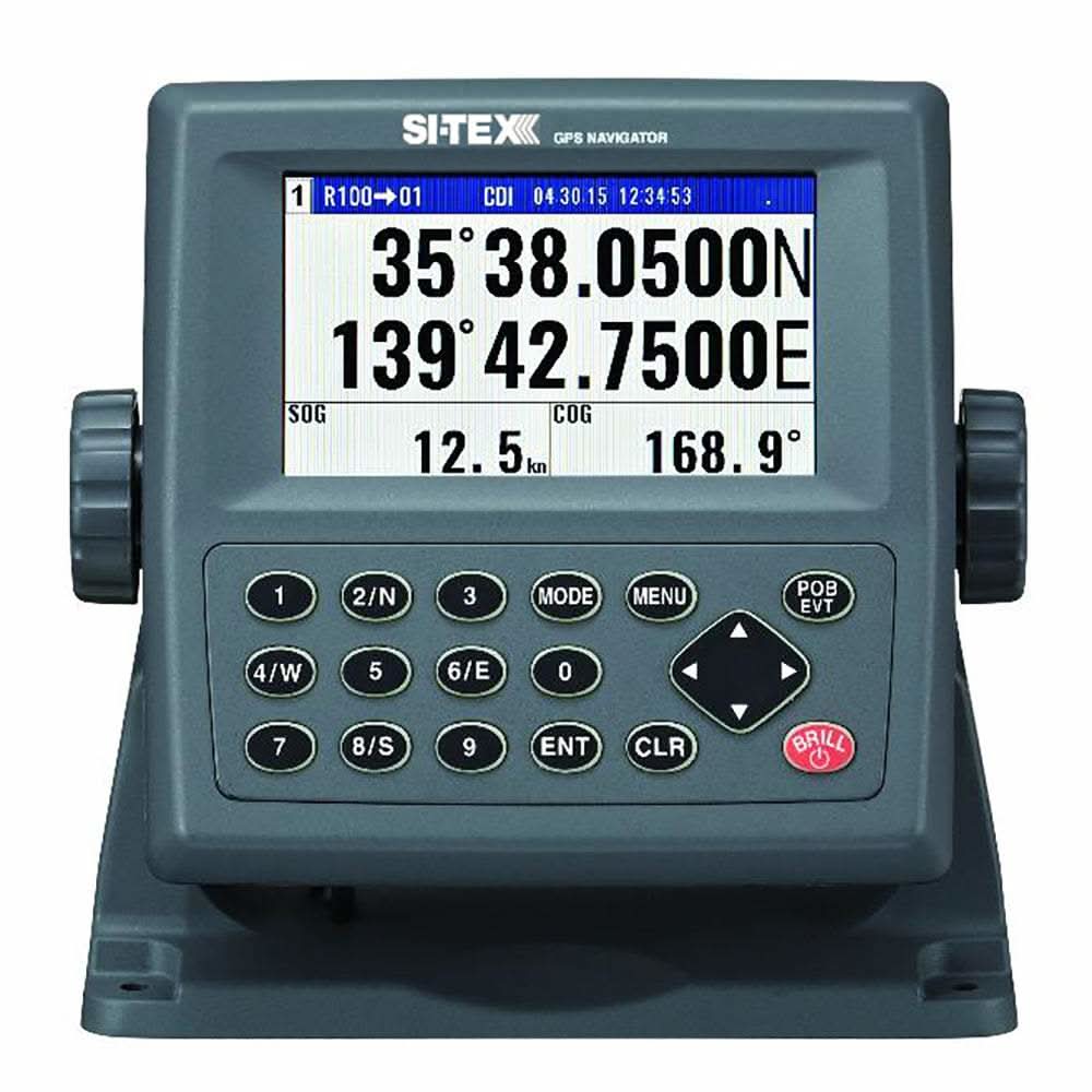 SI-TEX GPS-915 Receiver with 4.3-inch color display and numeric keypad showing coordinates and navigation data