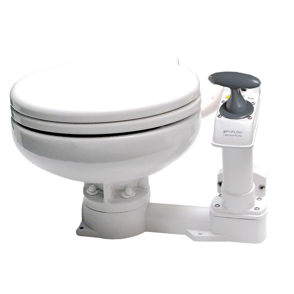 Johnson Pump AquaT manual marine toilet with compact white bowl and hand-powered piston pump