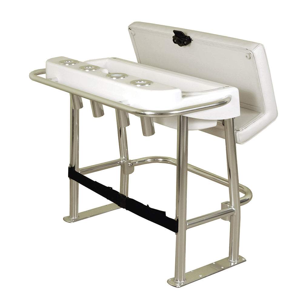 Neptune Premium Leaning Post with aluminum frame, four rod holders, removable fiberglass storage tray, and cushioned backrest for center console boats