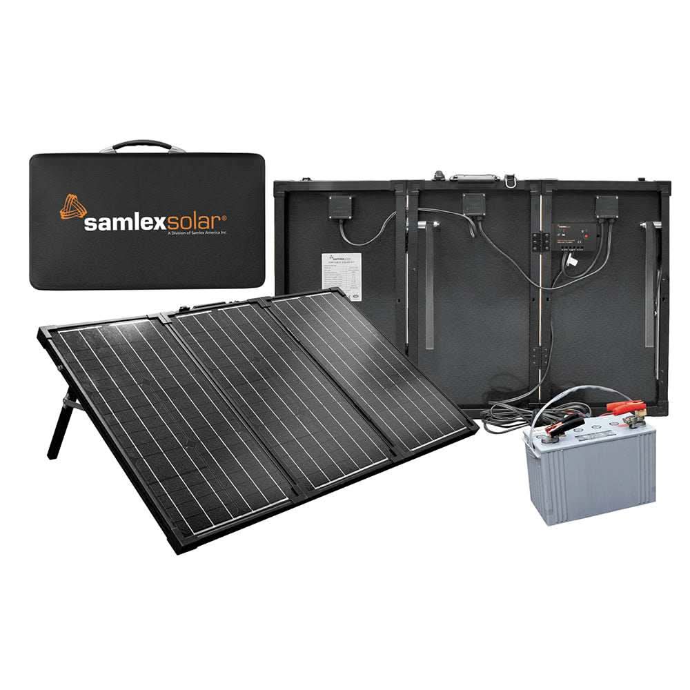 Samlex 90W Portable Solar Charging Kit with foldable panels, carrying case, and 10 Amp charge controller for 12V batteries
