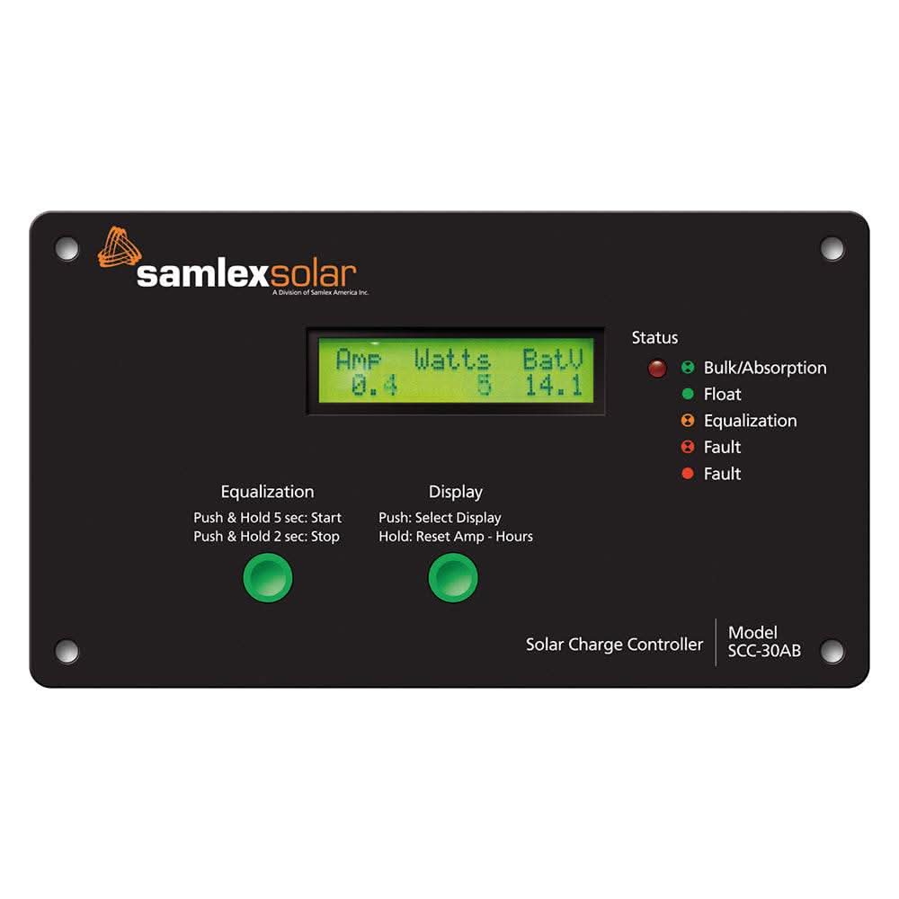 Samlex Flush Mount 30A Solar Charge Controller with LCD display and status indicators for battery protection